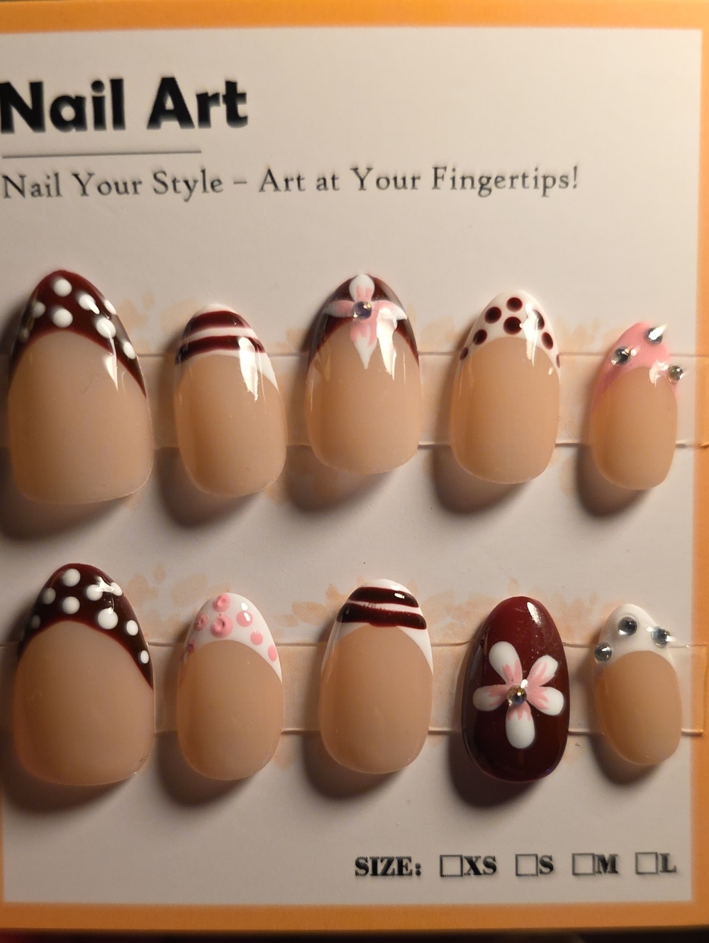 Nude Press-On Nails with Brown, Pink & White Floral Accents Size Small